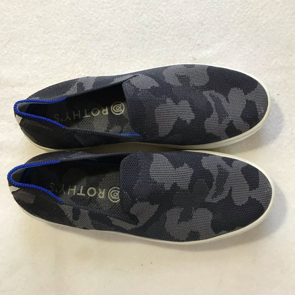 Rothy’s black grey camo slip on loafers sneakers 7.5 casual walking comfort